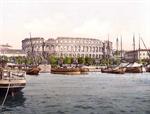 Pola, the arena, from the sea, Istria, Austro-Hungary
